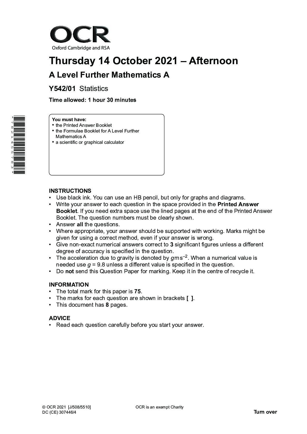 Preview image for Further Mathematics A Y542/01: Statistics Advanced GCE QUESTION PAPER for Autumn 2021